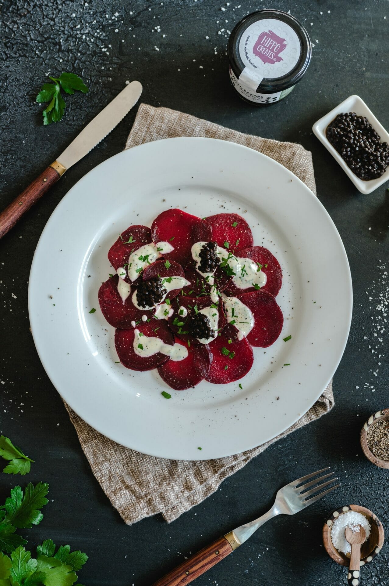 Bietencarpaccio met vegan kaviaar